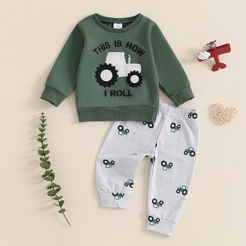 Baby Clothing Boy Tractor Print Long Sleeve Sweatshirt with Elastic Waist Sweatpants Infant Newborn Pat Clothes Set