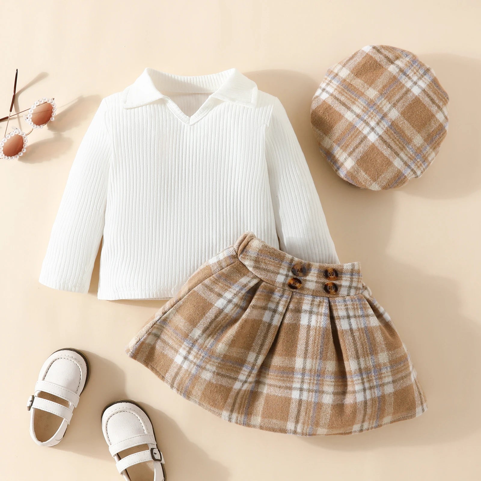 Toddler Girl Fall 3Pcs Outfit Solid Color Ribbed Long Sleeve Tops Plaid T Pattern Skirt Beret Set