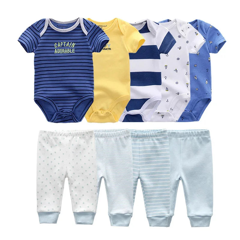 kiddiezoom 9 Pcs Unisex Newborn Clothing Sets100%Cotton Baby Bodysuit+Pant Baby Boy Girl Clothes Gift