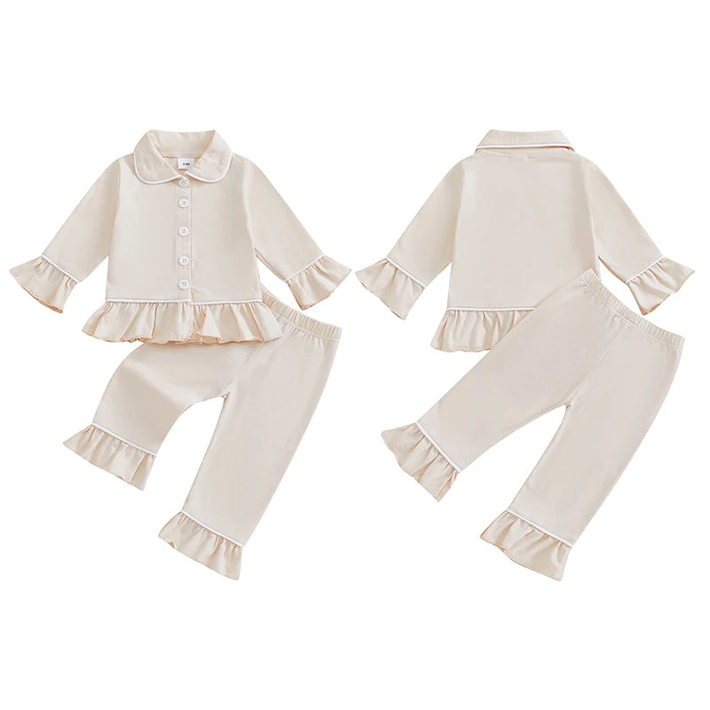 Girls 2PCS Pajama Sets Long Sleeve Lapel Ruffle Trim Button Up Shirt Pants Sleepwear