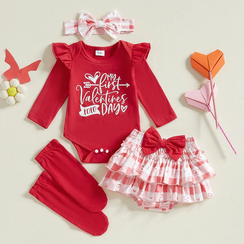 Baby Girl Valentine's Day Outfits Letter Print Long Sleeve Romper with Tiered Skirt and Headband Socks Set