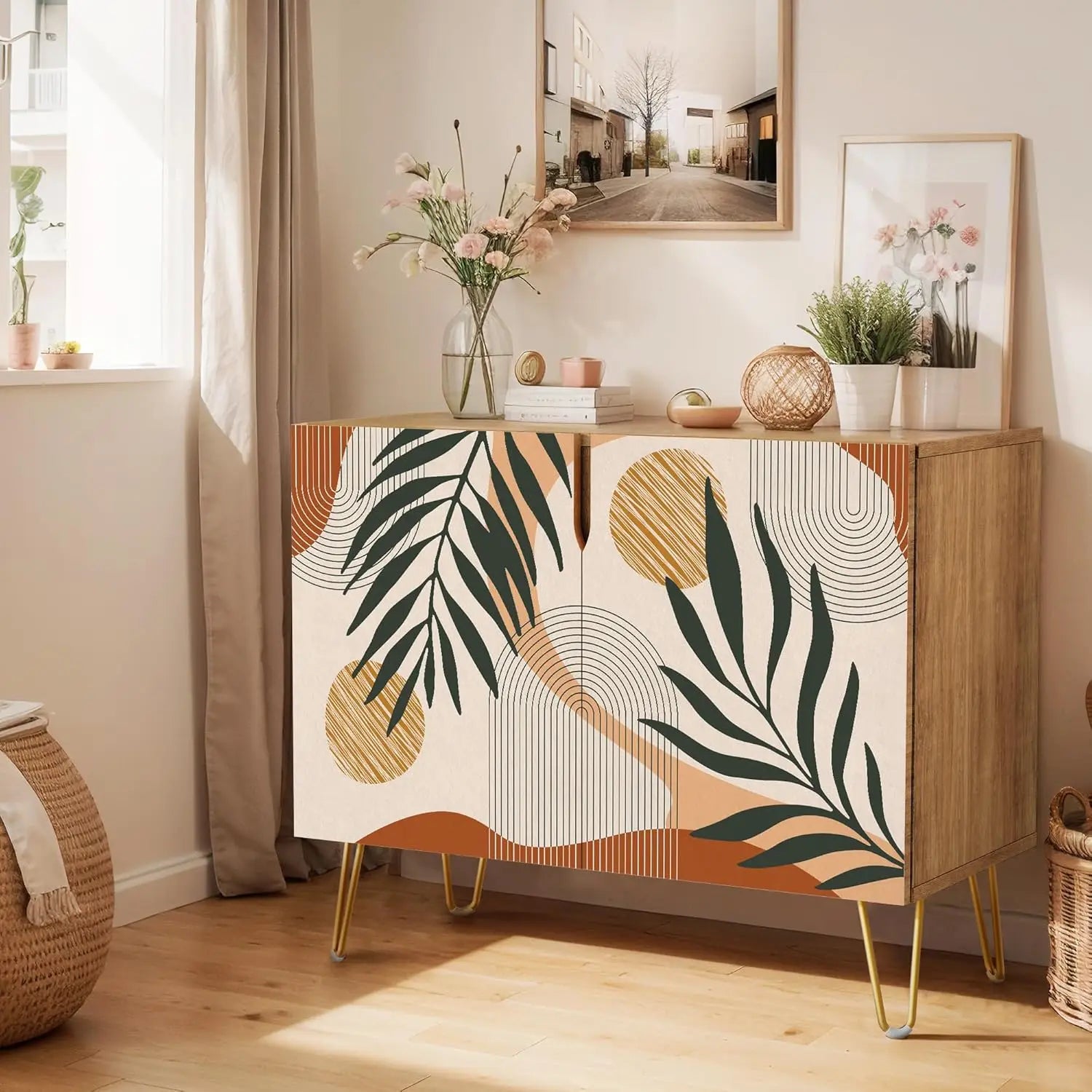 Sideboard Buffet Cabinet, Kitchen Storage Cabinet with 2 Doors, Black, Brown & Gold Geometric Polygons Abstract Shapes