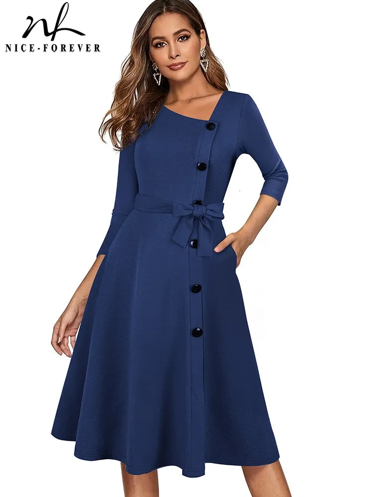 Nice-forever Spring Solid Color with Button Retro Elegant Dresses Party Flare Swing Women Dress A241