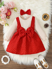 Newborn Baby Girl Dress Long Sleeves Patchwork with Bow One Year Old Dress New Year&Christmas Dress Up Wear for Toddler 0-3Years