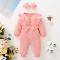 Newborn Baby Girl Romper Long Sleeved Ruffle Bodysuit with Headband Autumn & Winter Onesie Outfit Clothing for Baby 0-18 Months