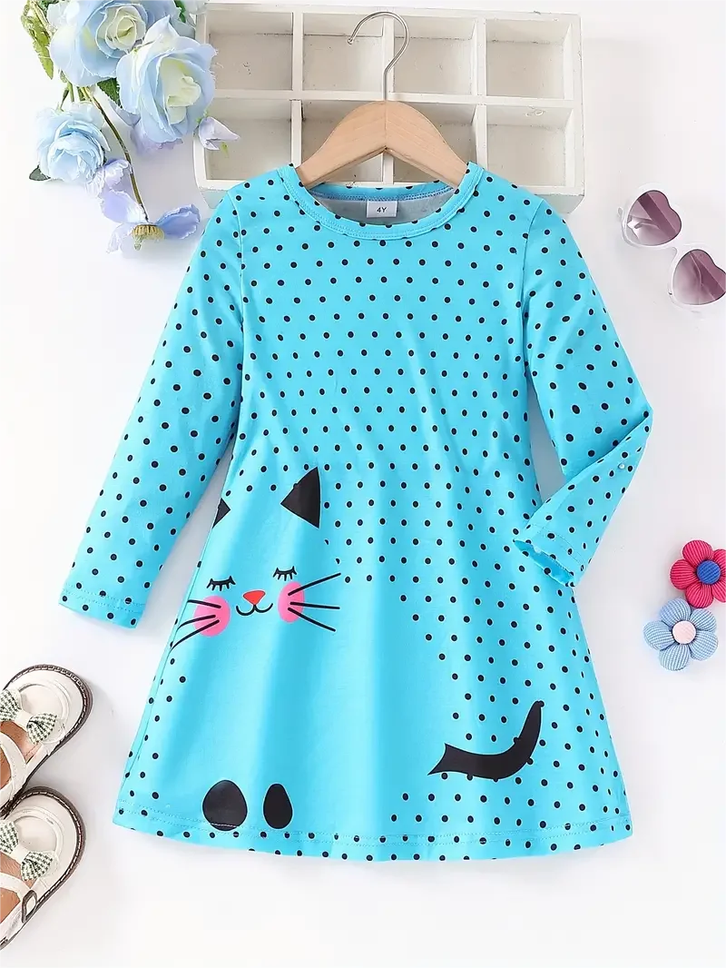 Dots & Kitty Print Girls Long Sleeve Dress, Spring and Autumn everyday sweet casual dress, parties, gifts