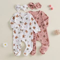 Baby Christmas Clothing Girls Casual Jumpsuit For Newborn Long Sleeve Gingerbread Print Ruffle Romper with Headband