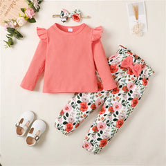 Toddler Girl Clothes Set Long Sleeve Solid Color Top+Floral Pants  Fashion Spring & Autumn Little Girl Clothing Outfit