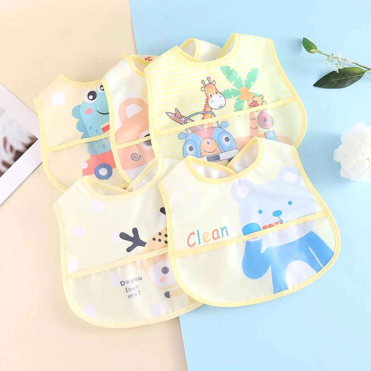 Random 5pcs Cartoon Animals Waterproof Bibs Baby Kids Girls Boys Waterproof Saliva Toddler Feeding Bibs Baby Bibs Aprons Adjusab