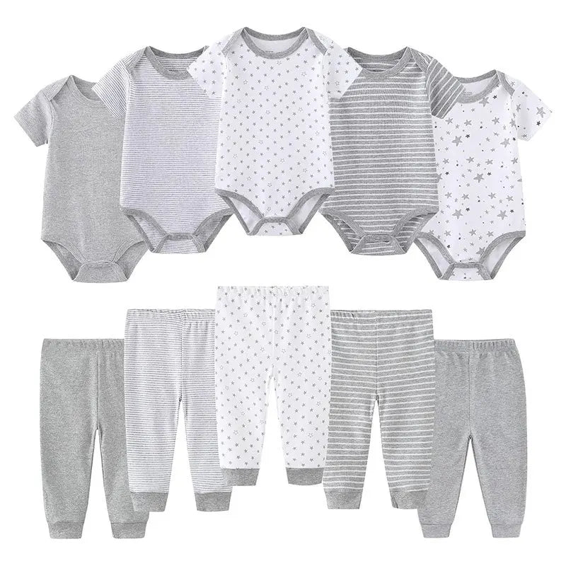 Kiddiezoom 10 Pcs/Lot Four Seasons Fashion Unisex Baby Boy Girl Clothing Set Soft Newborn Bodysuits+Pants Infant Outfit Gift