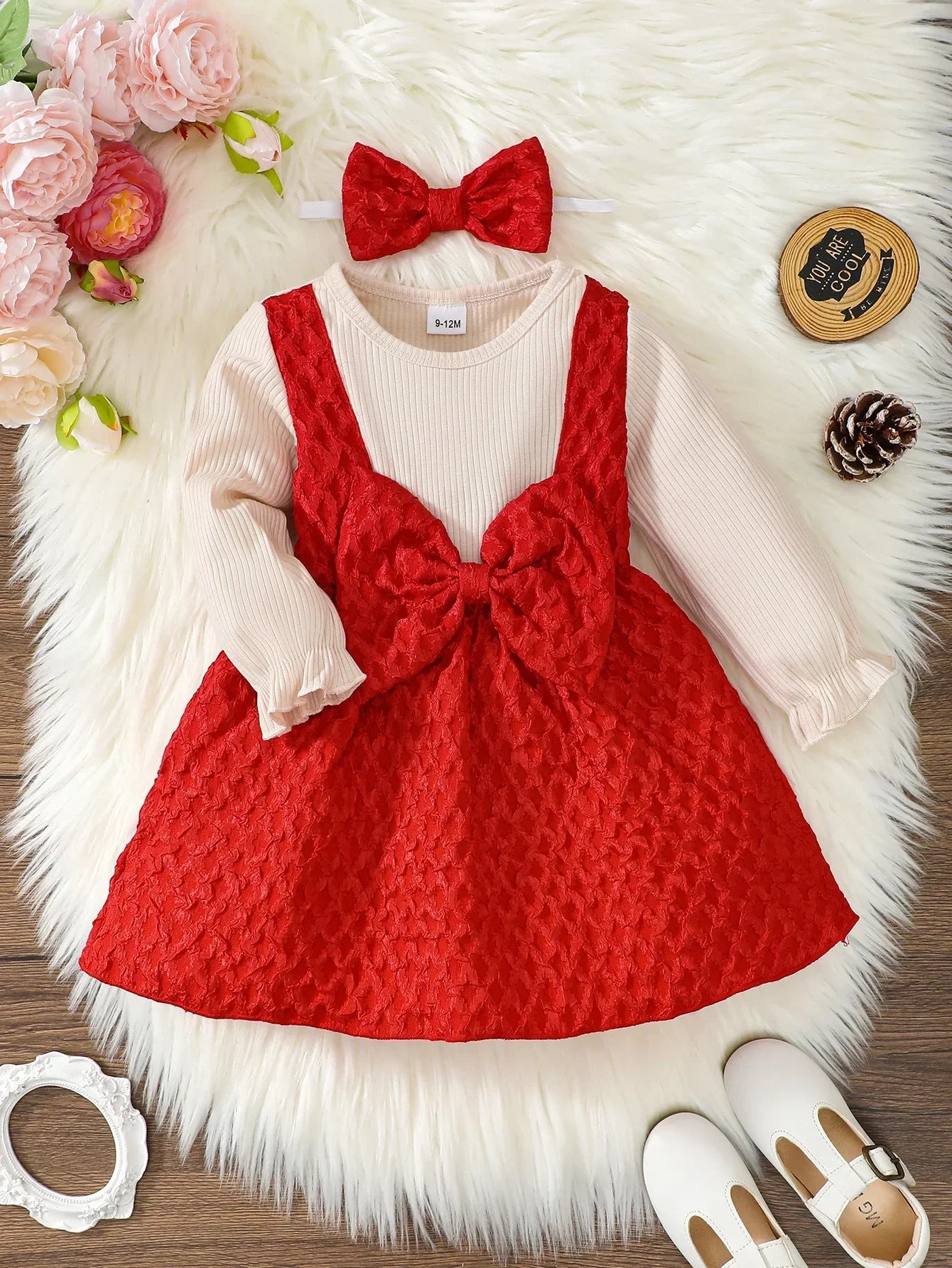 Newborn Baby Girl Dress Long Sleeves Patchwork with Bow One Year Old Dress New Year&Christmas Dress Up Wear for Toddler 0-3Years