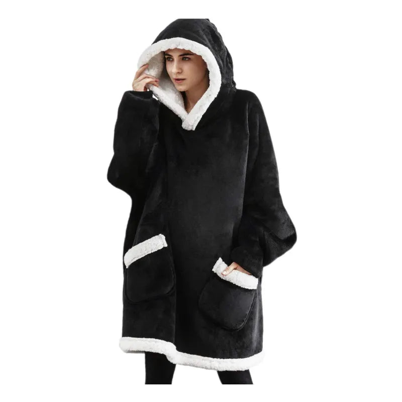 Winter Warm TV Blanket with Sleeves Big Pocket Fleece Family Sherpa Hoodies Oversized Flannel Soft Hooded Robe Blankets