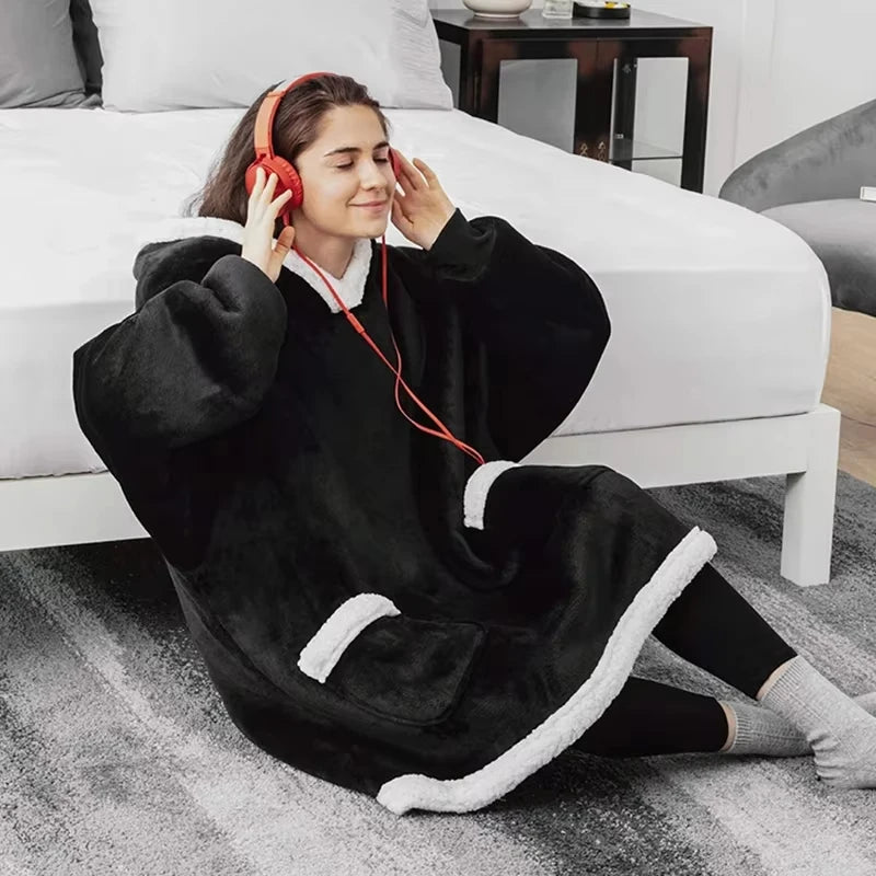 Winter Warm TV Blanket with Sleeves Big Pocket Fleece Family Sherpa Hoodies Oversized Flannel Soft Hooded Robe Blankets