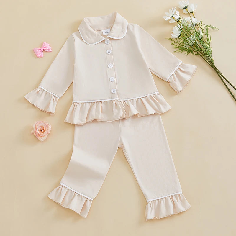 Girls 2PCS Pajama Sets Long Sleeve Lapel Ruffle Trim Button Up Shirt Pants Sleepwear