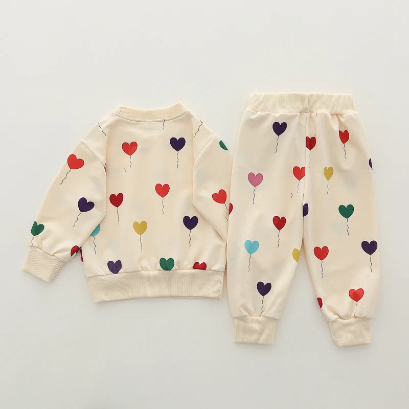 2PCS Infant Spring and Autumn Full Print Love Balloon Fashion Long sleeved Pants Set