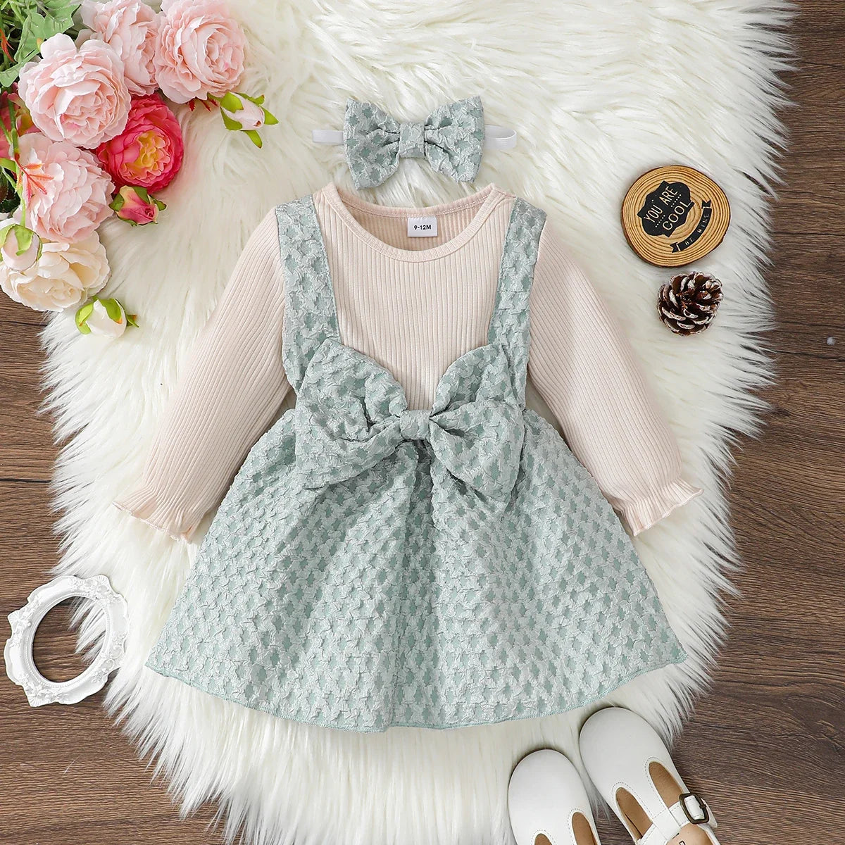 Newborn Baby Girl Dress Long Sleeves Patchwork with Bow One Year Old Dress New Year&Christmas Dress Up Wear for Toddler 0-3Years