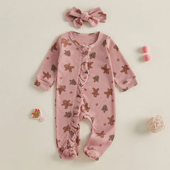 Baby Christmas Clothing Girls Casual Jumpsuit For Newborn Long Sleeve Gingerbread Print Ruffle Romper with Headband