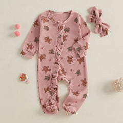 Baby Christmas Clothing Girls Casual Jumpsuit For Newborn Long Sleeve Gingerbread Print Ruffle Romper with Headband