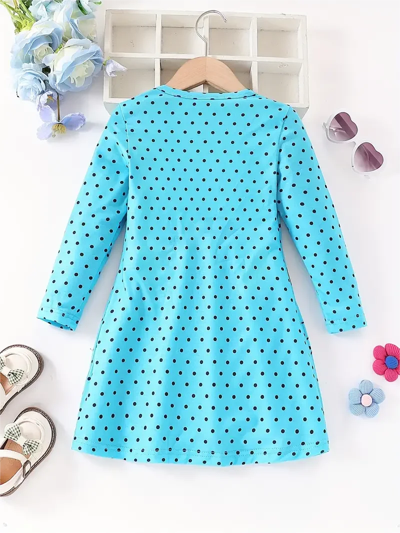 Dots & Kitty Print Girls Long Sleeve Dress, Spring and Autumn everyday sweet casual dress, parties, gifts