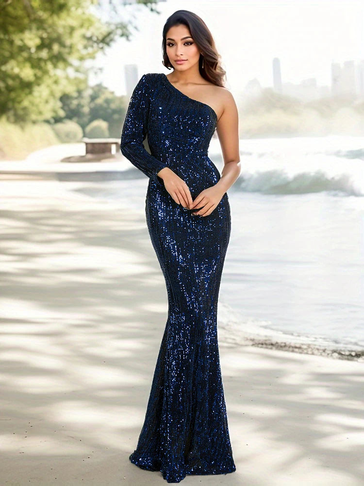 One Shoulder Long Sleeve Stretchy Sequined Mermaid Dress Floor Length Long Evening Gown Prom Party