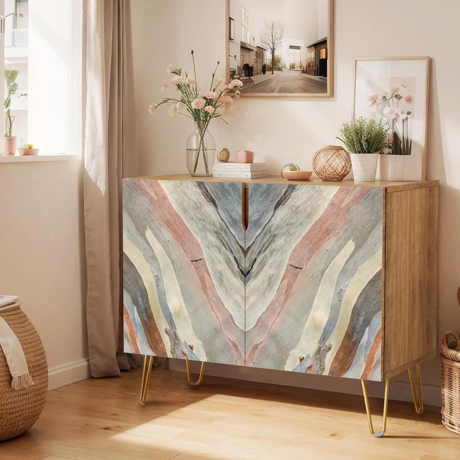 Sideboard Buffet Cabinet, Kitchen Storage Cabinet with 2 Doors, Black, Brown & Gold Geometric Polygons Abstract Shapes