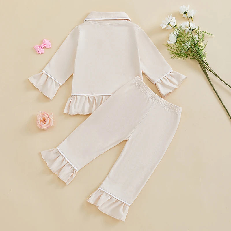 Girls 2PCS Pajama Sets Long Sleeve Lapel Ruffle Trim Button Up Shirt Pants Sleepwear