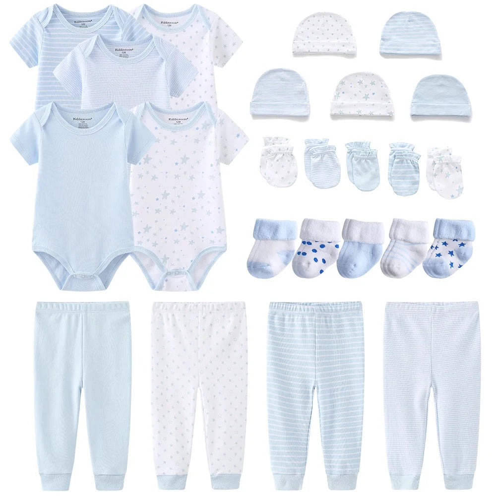 Solid Color New Born Cotton Bodysuits+Pants+Gloves+Hats+Socks Baby Girl Clothes Unisex Short Sleeve Baby Boy Clothes Sets