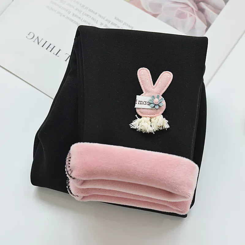 Autumn Winter Baby Girls Leggings Thick Warm Cute Rabbit Pants Kid Girl Plus Velvet Pants Children Solid Trousers 2-8Years