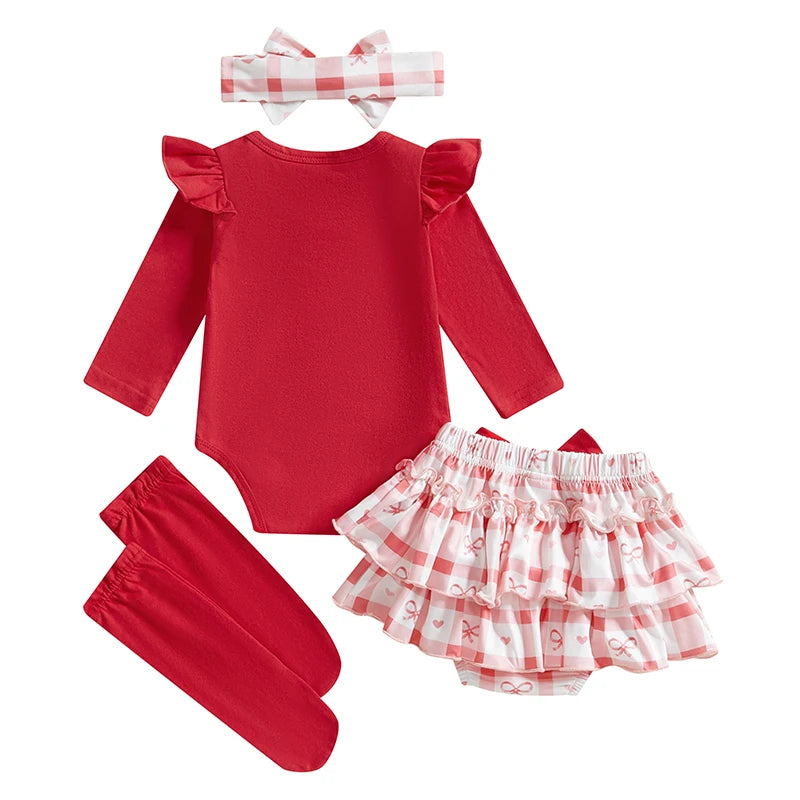 Baby Girl Valentine's Day Outfits Letter Print Long Sleeve Romper with Tiered Skirt and Headband Socks Set