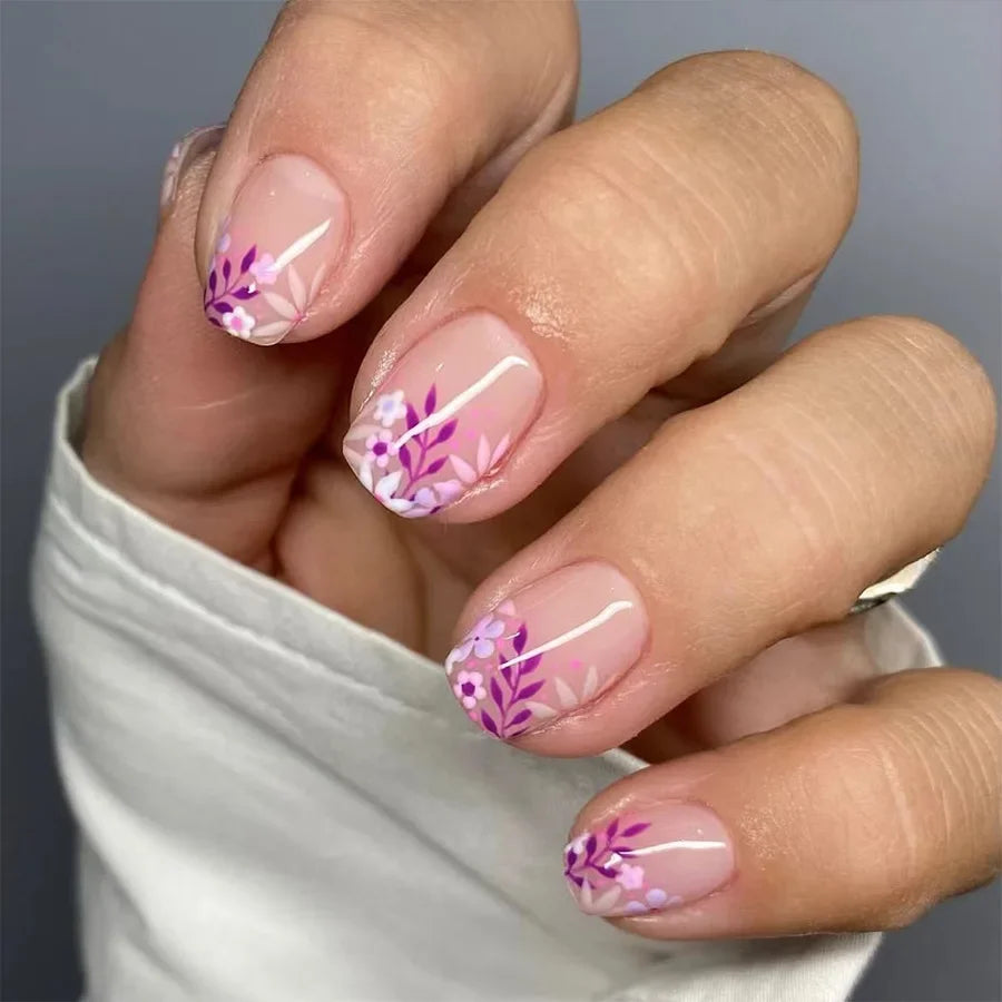 24Pcs Square Press-on Nails Set with Pink Flower Patterns Full Cover Acrylic French Nail Tips Adhesive For Stylish Women/Girls