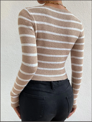 Khaki Striped Long Sleeved Semi Open Neck Slim Women's Autumn Top