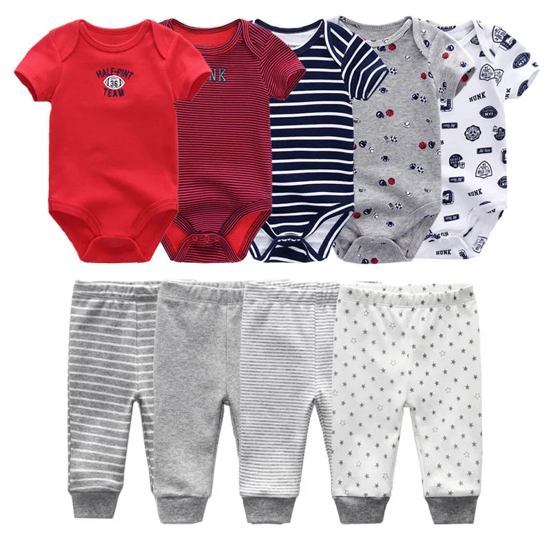 kiddiezoom 9 Pcs Unisex Newborn Clothing Sets100%Cotton Baby Bodysuit+Pant Baby Boy Girl Clothes Gift