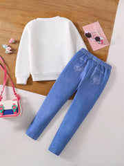 Children's clothing girls' fashion set autumn cartoon print white round neck long sleeved+slim fit pants 2-piece set