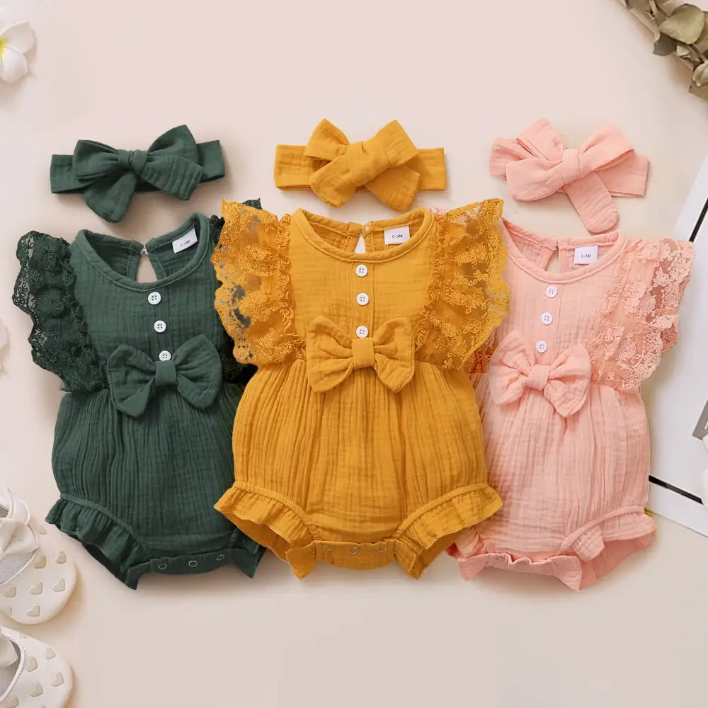 0-18 Months Old Newborn Solid Color Sleeveless Round Neck Lace Edge Bow Romper + Headband Baby Girl Summer New Casual