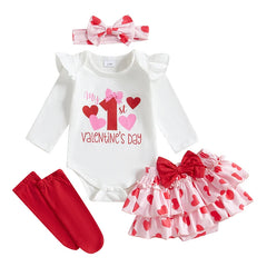 Baby Girl Valentine's Day Outfits Letter Print Long Sleeve Romper with Tiered Skirt and Headband Socks Set