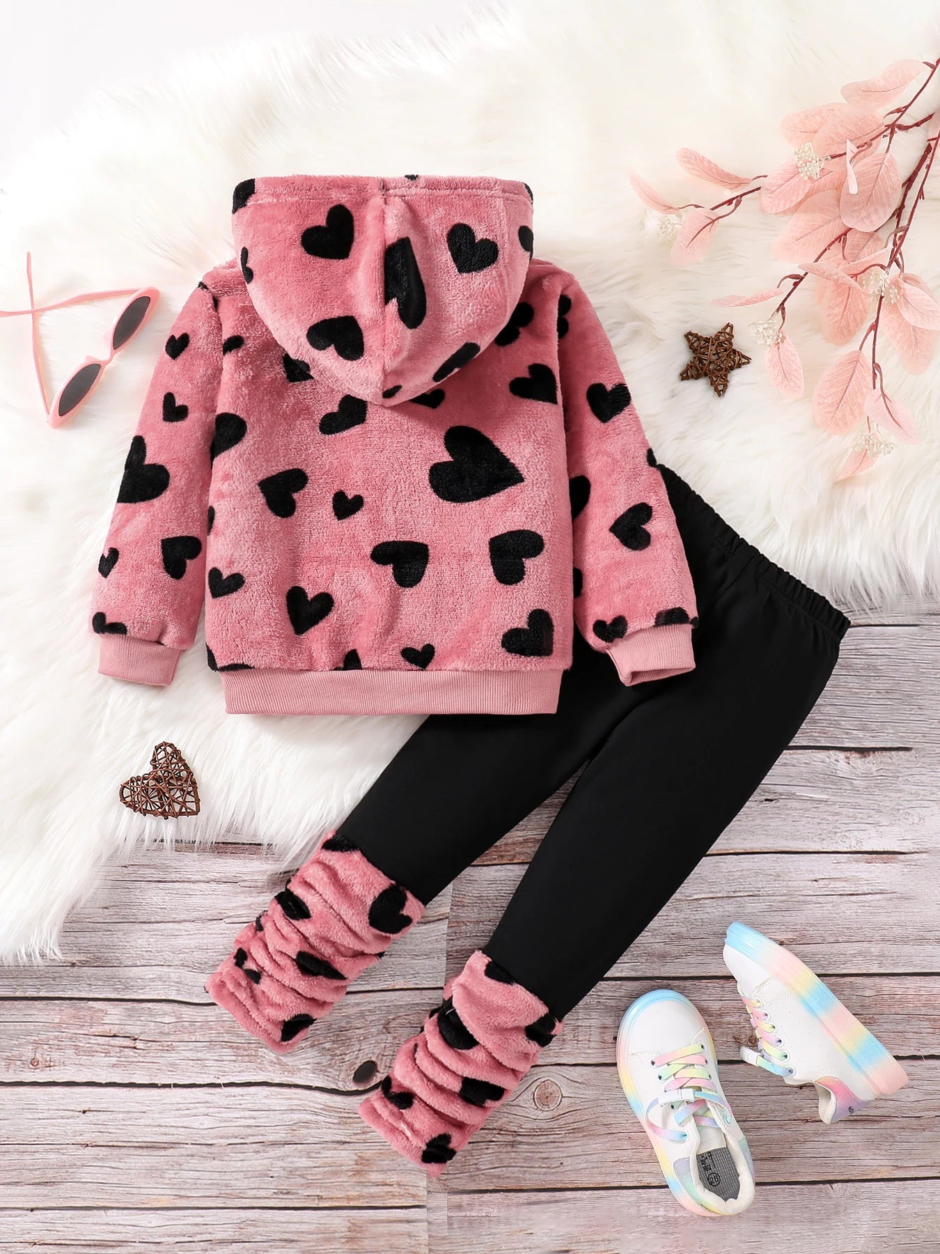 Girls' Fall Fashion Set 2-piece - Pink coral velvet hoodie + slim patchwork pants