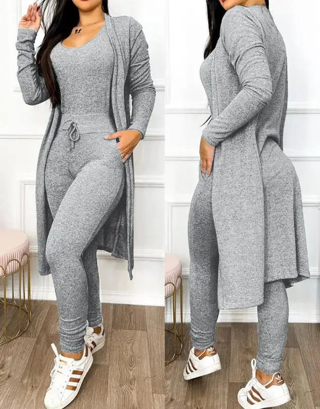 Autumn Women's New Drawstring Pocket Design Jumpsuit & Coat Set Temperament Commuting Women Fashion Suit Sets Two Piece Outfits