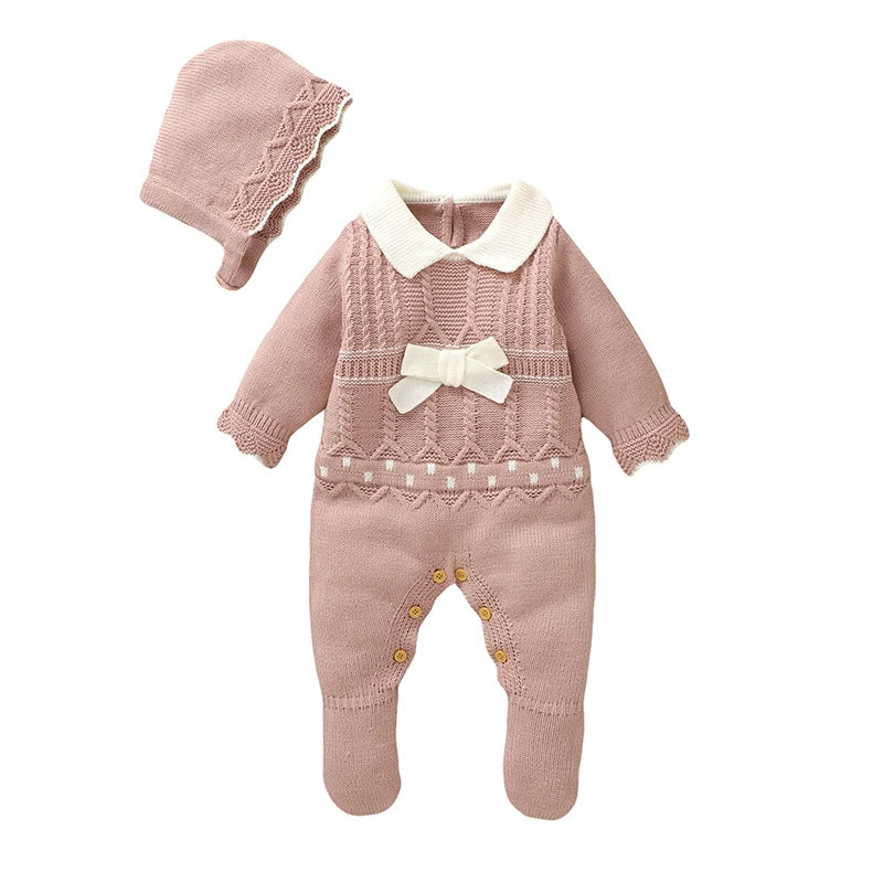 Infant Girls Rompers Hats Clothes Autumn Winter Pink Long Sleeves Knit Newborn Jumpsuits Outfits 0-18m Toddler Outwear Playsuits