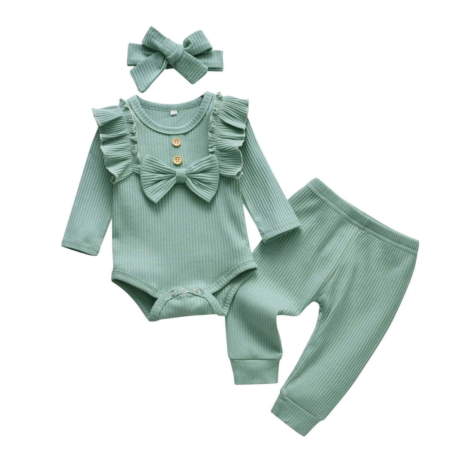 Cute Newborn Baby Girl 3PCS Clothes Set Ruffles Trim Knitted Long Sleeve Romper Bodysuit Top + infant Pants + Headband Outfit