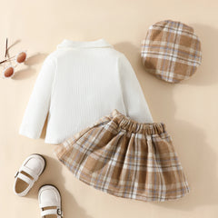 Toddler Girl Fall 3Pcs Outfit Solid Color Ribbed Long Sleeve Tops Plaid T Pattern Skirt Beret Set