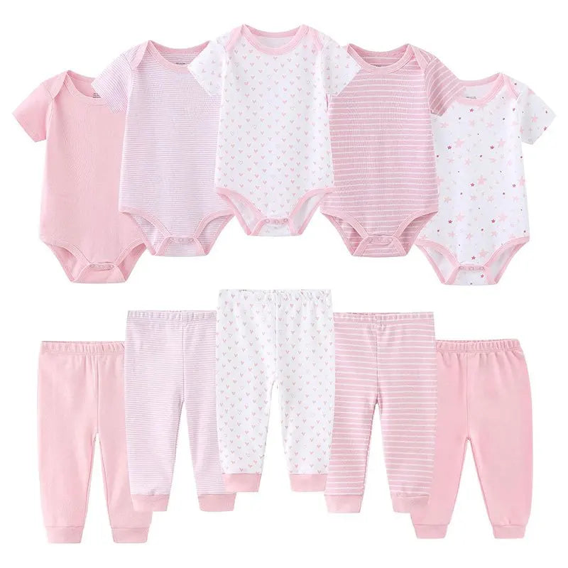 Kiddiezoom 10 Pcs/Lot Four Seasons Fashion Unisex Baby Boy Girl Clothing Set Soft Newborn Bodysuits+Pants Infant Outfit Gift