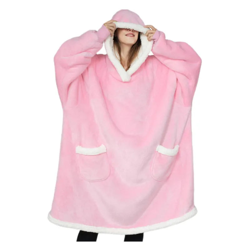 Winter Warm TV Blanket with Sleeves Big Pocket Fleece Family Sherpa Hoodies Oversized Flannel Soft Hooded Robe Blankets