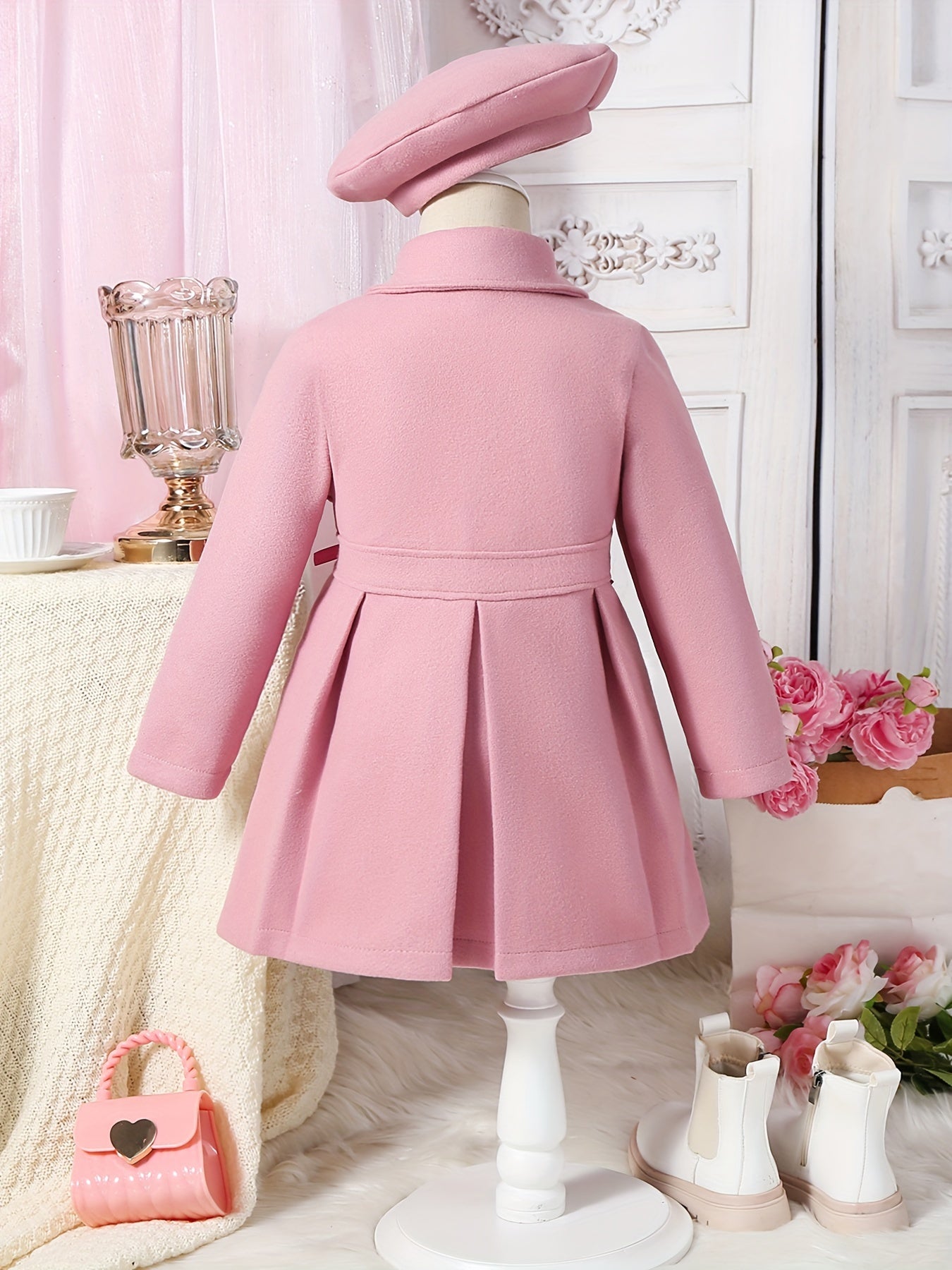 Chic Girls' Winter Coat with Bow Detail - Warm, Fashionable Double-Breasted Long Overcoat & Matching Hat Set for Youngsters