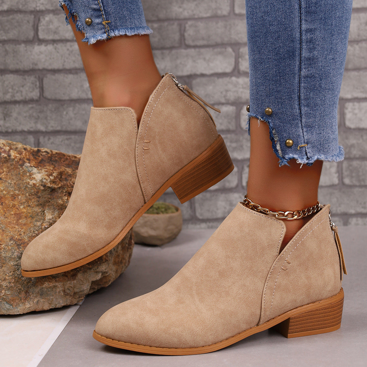 Chunky Heel Pointed Toe Ankle Boots With V-cut Design