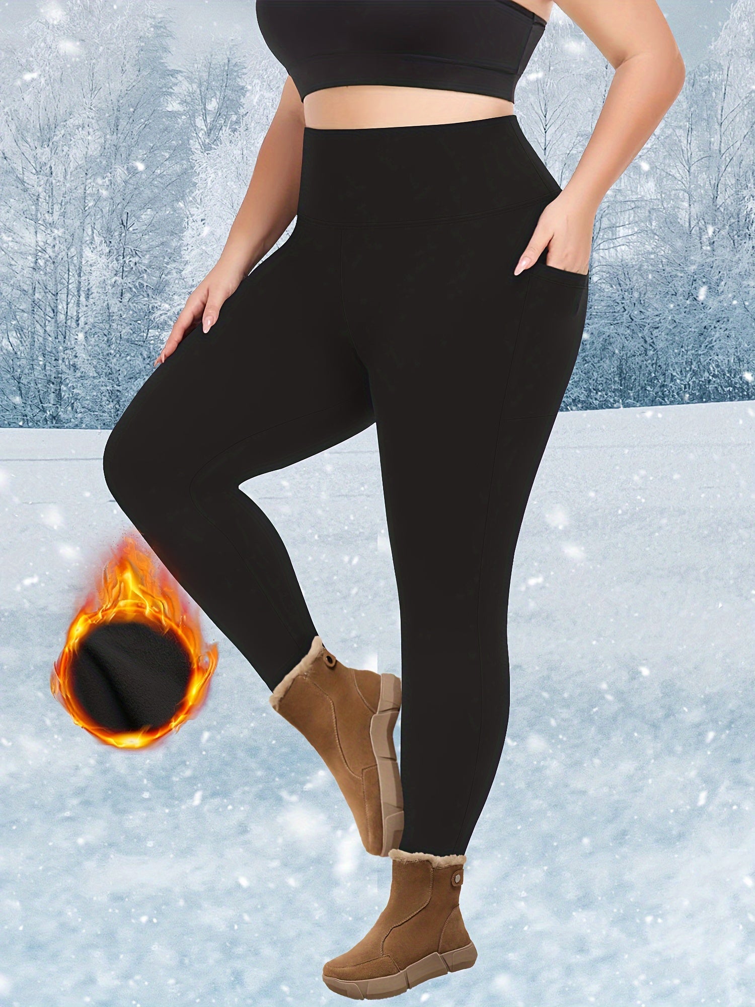 Flattering Plus Size Thermal Leggings - High Waisted, Plush Lined, Side Pockets, Slim Fit, Thermal Tights for Fall & Winter - Comfortable, Soft, and Warm Sports Leggings & Pants for Curvy Women