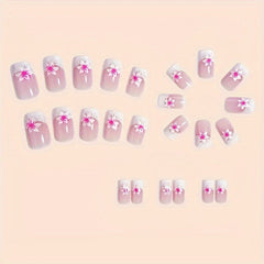 24pcs Chic Pink Floral Gradient Press-On Nails Kit - Short Square, Glossy Finish with Jelly Adhesive & Nail File Included for Women