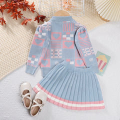 Round Neck Geometric Cartoon Printed Sweater Pleated Skirt Suit