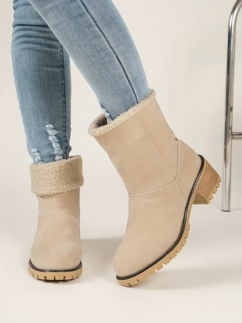 Women's Solid Color Chunky Heel Boots, Casual Slip On Plush Lined Boots, Comfortable Winter Ankle Boots