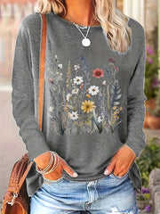 Plus Size Floral Bloom Crew Neck Long Sleeve Top - Soft, Breathable, Relaxed Fit, Casual Chic Style for Spring & Fall - Women's Comfortable Plus Size Clothing for Daily Wear