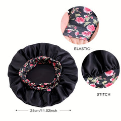 2 Pcs Soft Satin Elastic Band Hair Protection Bonnets Set for Kids, Flower Pattern Printed Night Sleep Cap